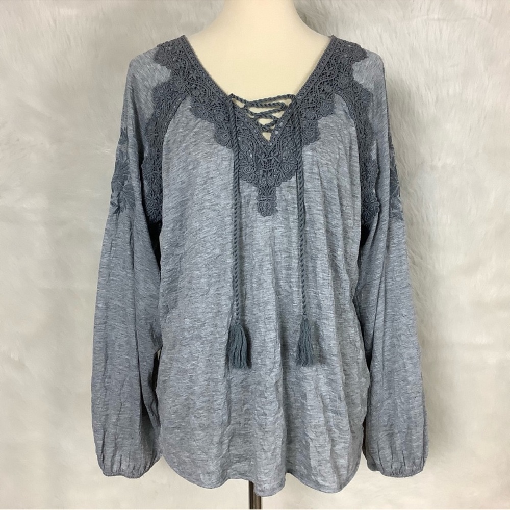 Sundance Gray Crinkle Embroidered Peasant Blouse